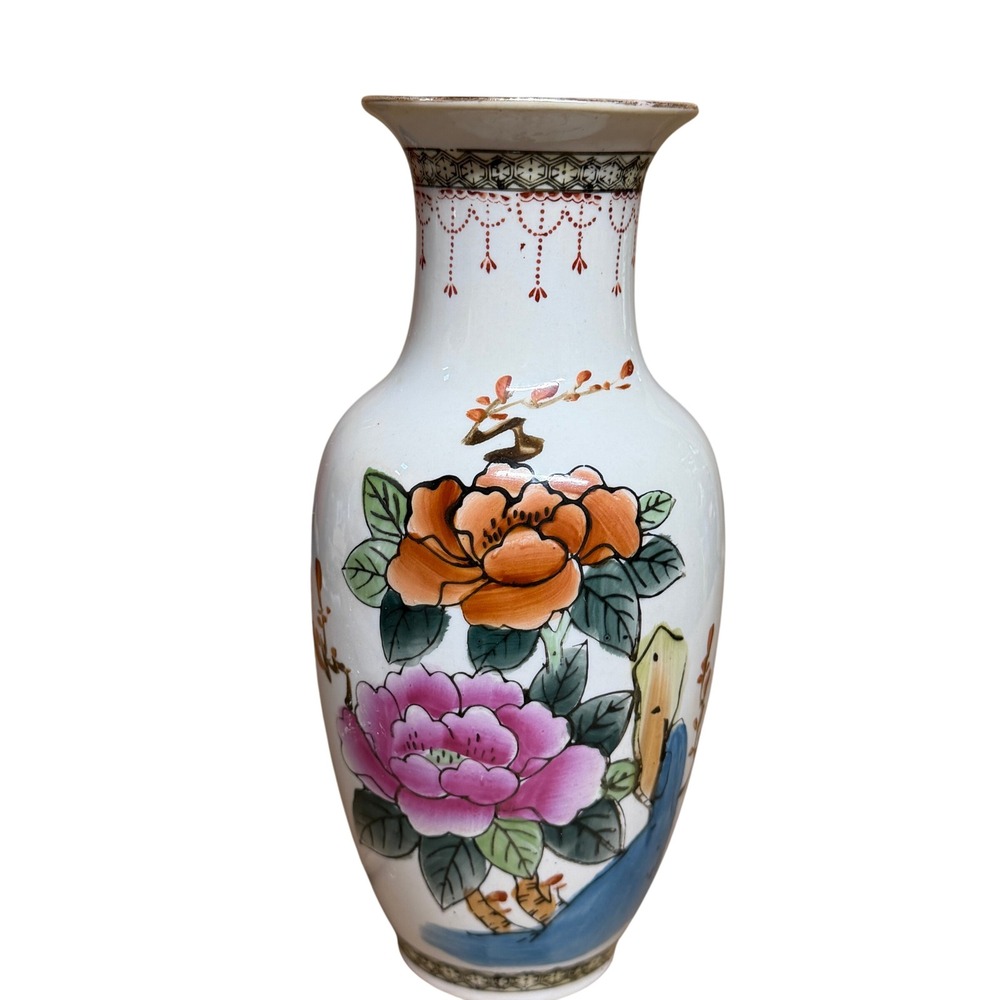 Vtg Chinese Porcelain Floral Vase Hand Painted Peony 8 Inch White‎ Pink Orange
